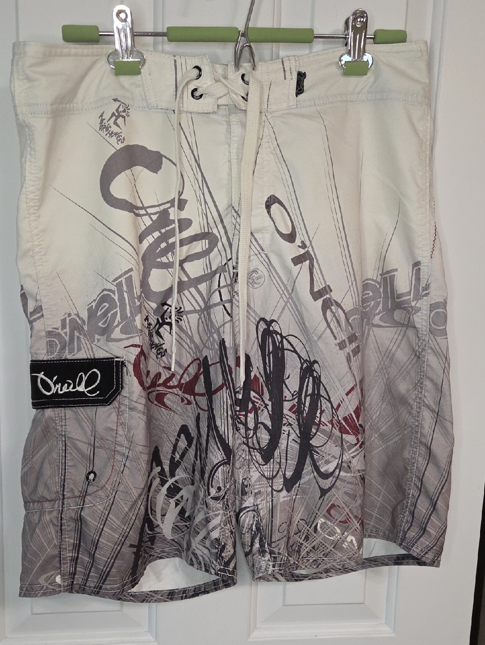 O'Neill White Boardshorts with Gray & Black Graffiti Accents